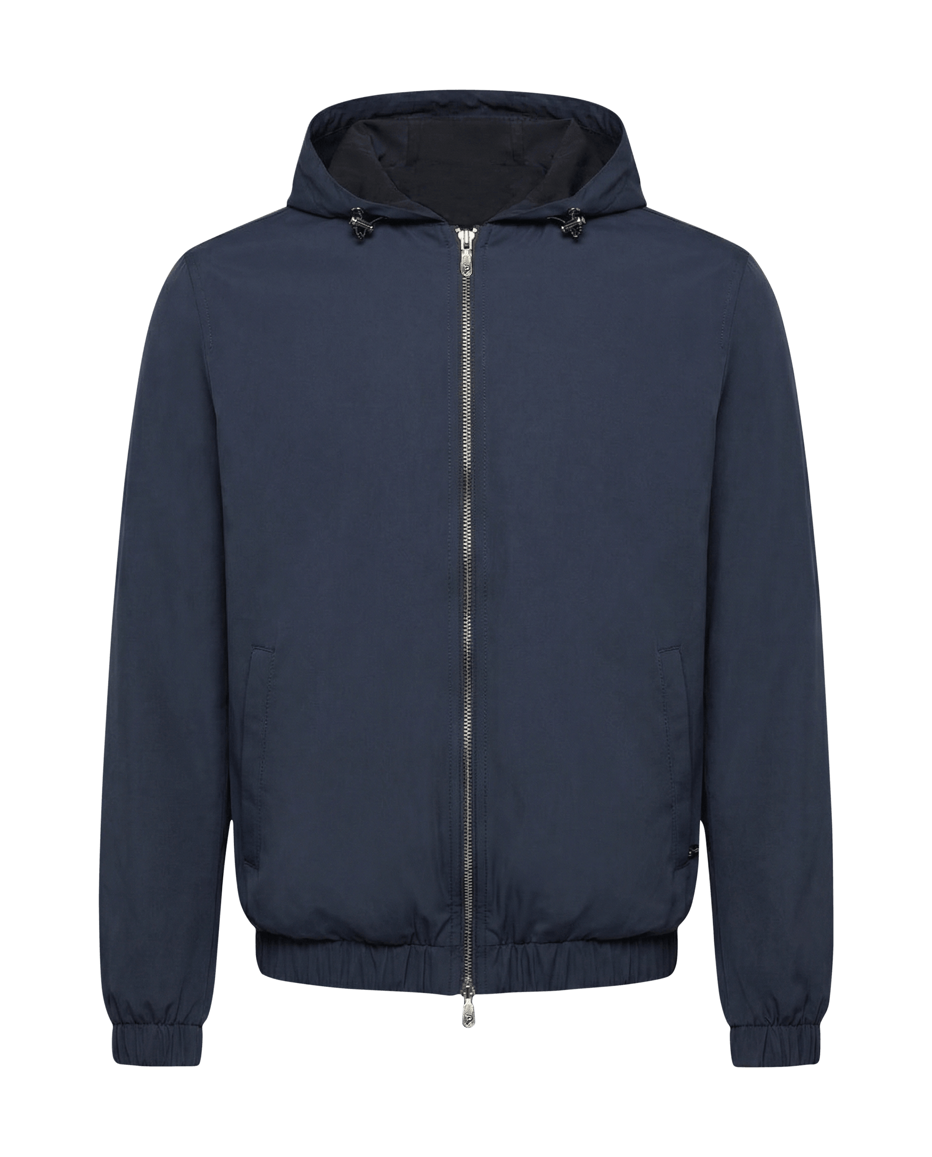 Navy blue jacket with a hood on a black background