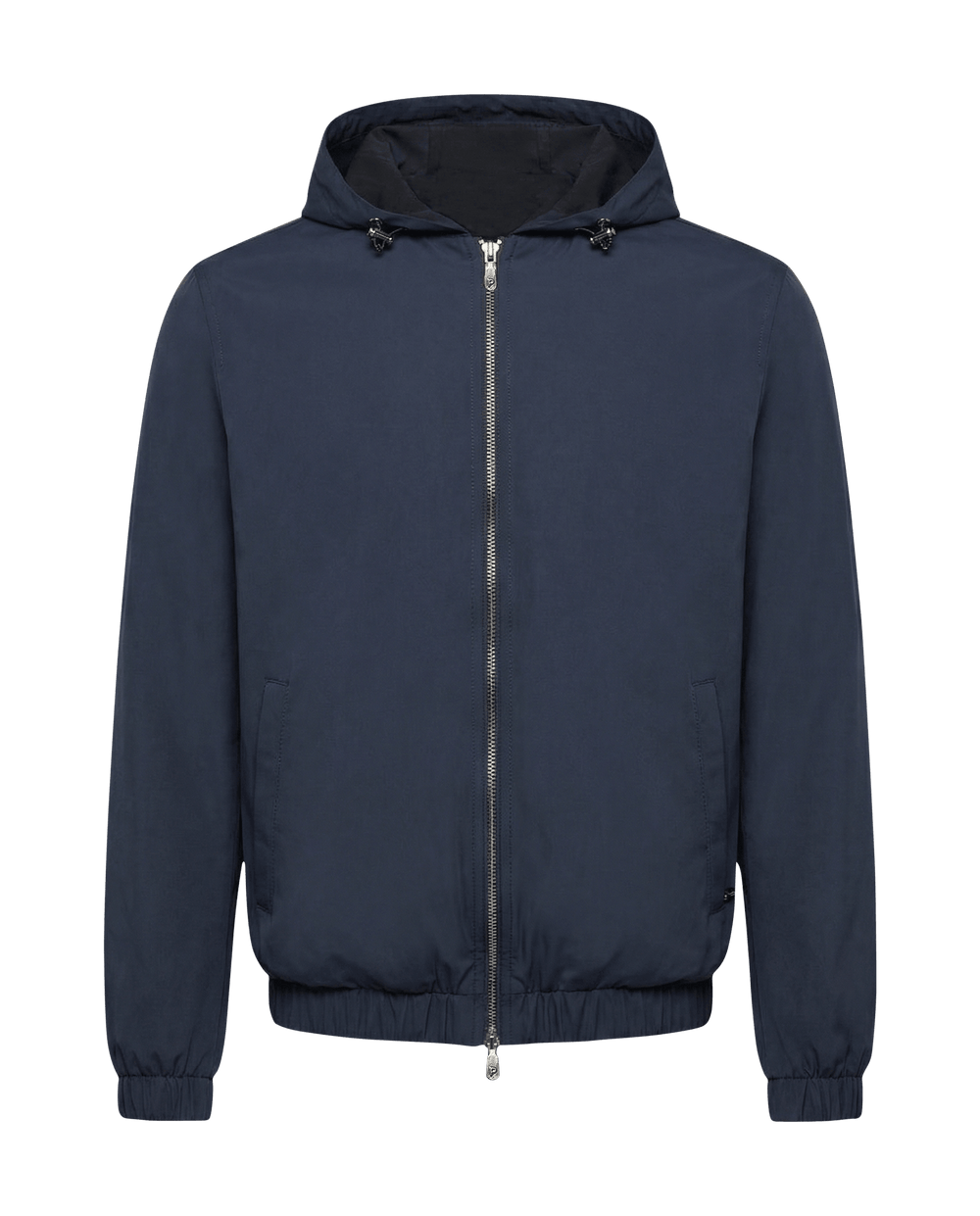 Navy blue jacket with a hood on a black background