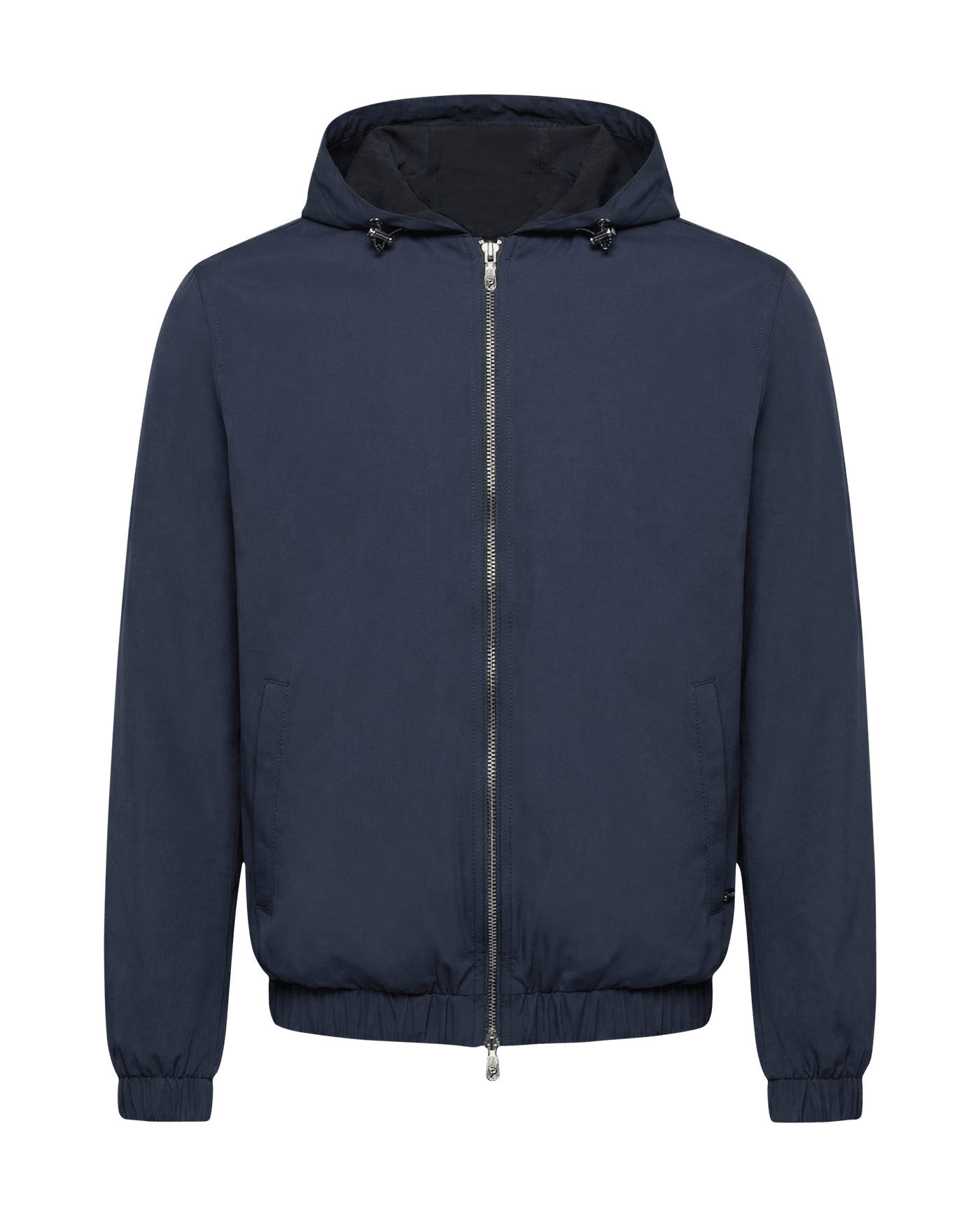 Navy blue jacket with a hood on a black background