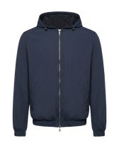 Navy blue jacket with a hood on a black background