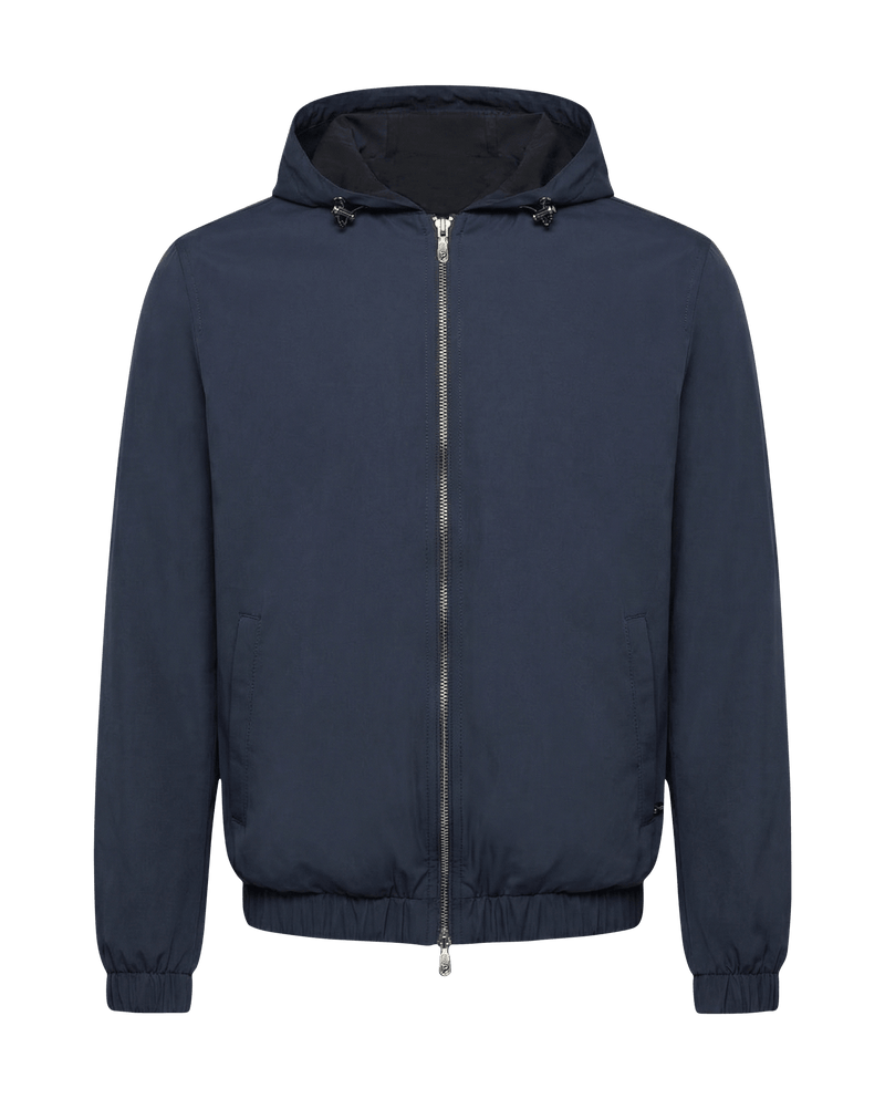 Navy blue jacket with a hood on a black background