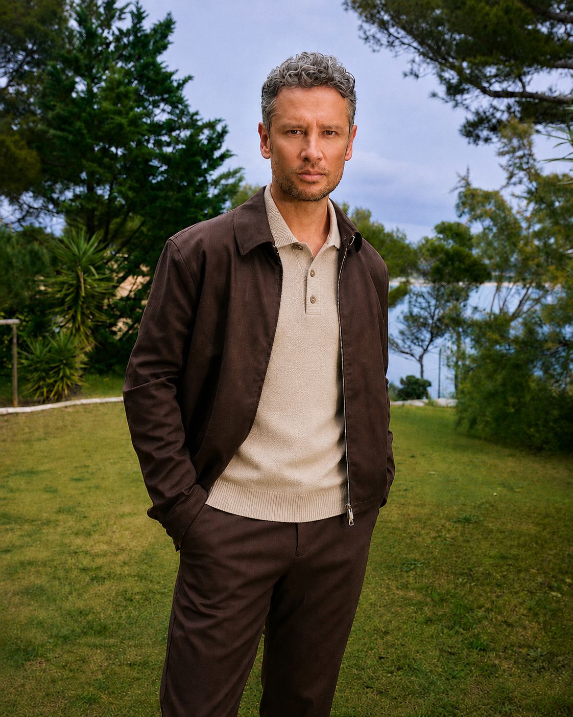 Worn open over the polo · relaxed and considered at once