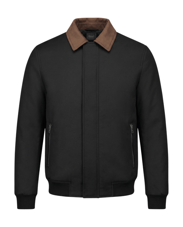 Black jacket with brown collar on a black background