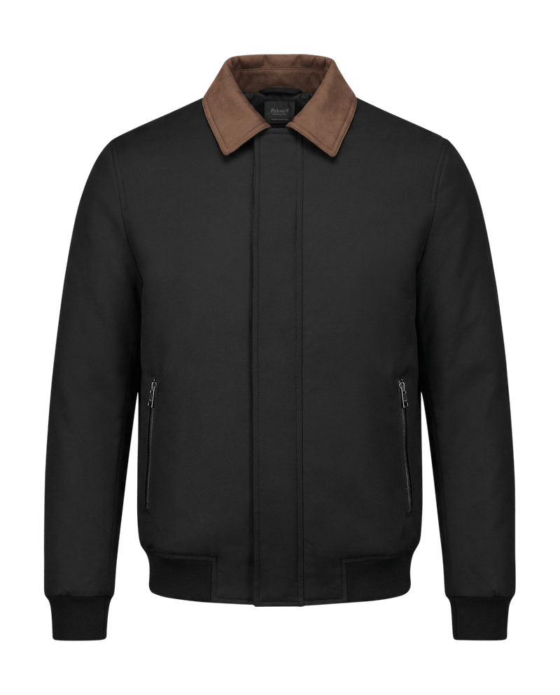 Black jacket with brown collar on a black background