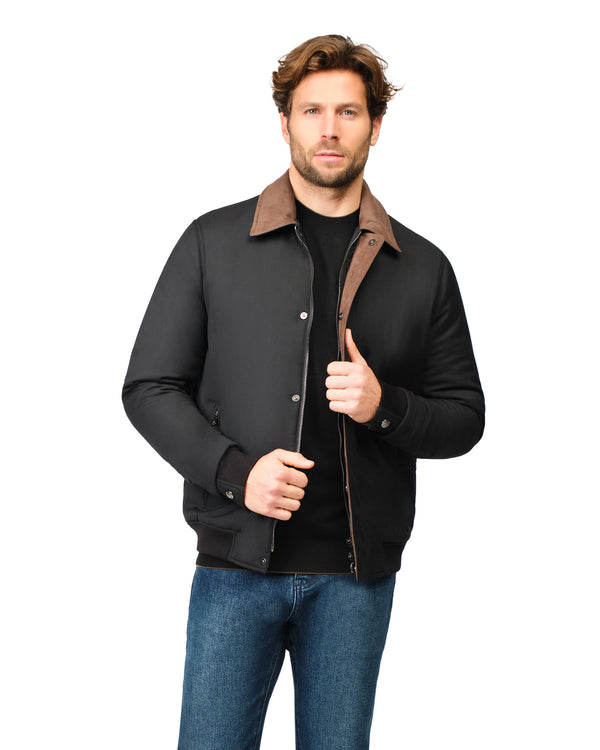 Man wearing a black jacket with brown collar on a white background