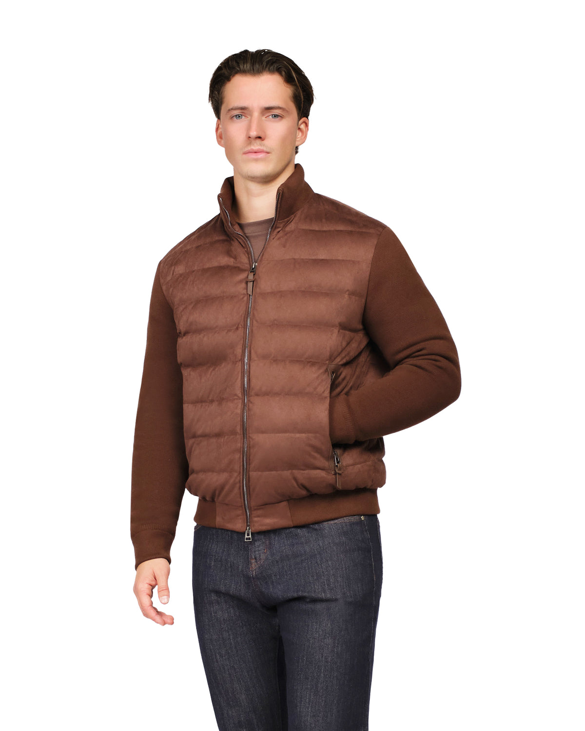 Man wearing a brown puffer jacket on a white background