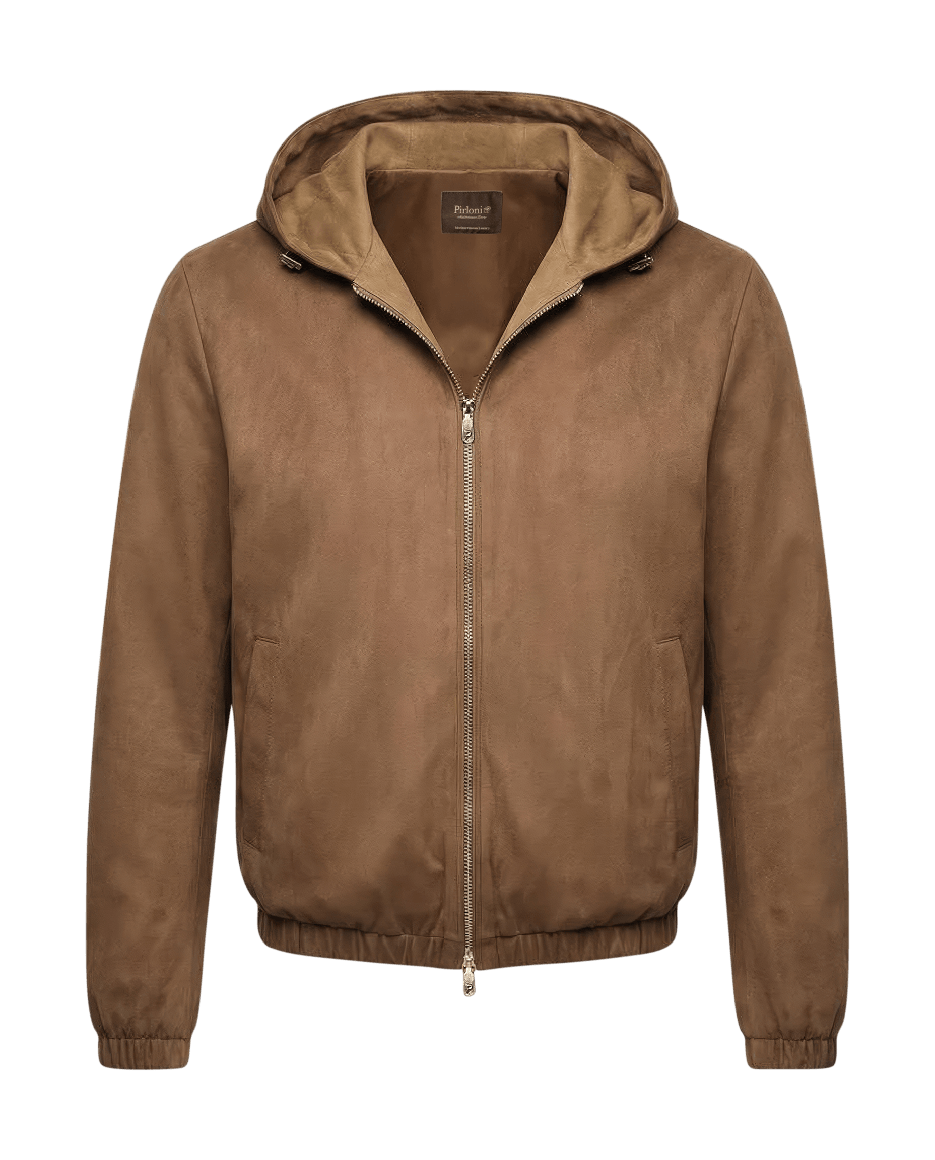 Brown suede jacket with a hood on a black background