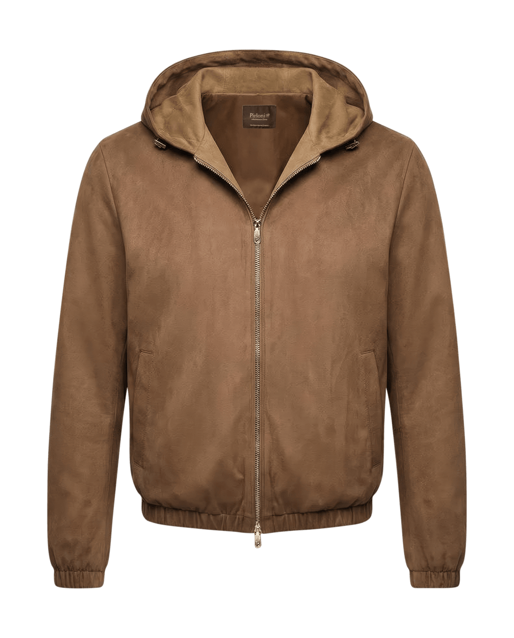 Brown suede jacket with a hood on a black background