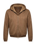 Brown suede jacket with a hood on a black background