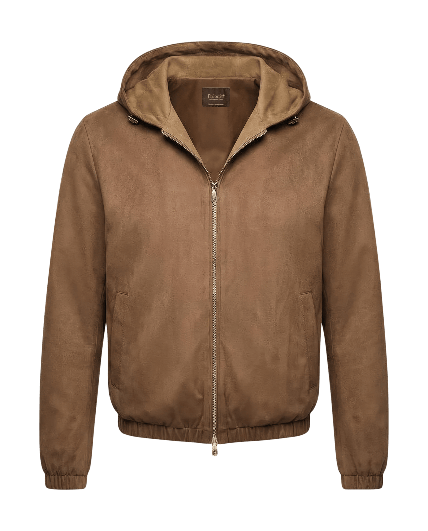 Brown suede jacket with a hood on a black background