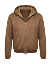 Brown suede jacket with a hood on a black background