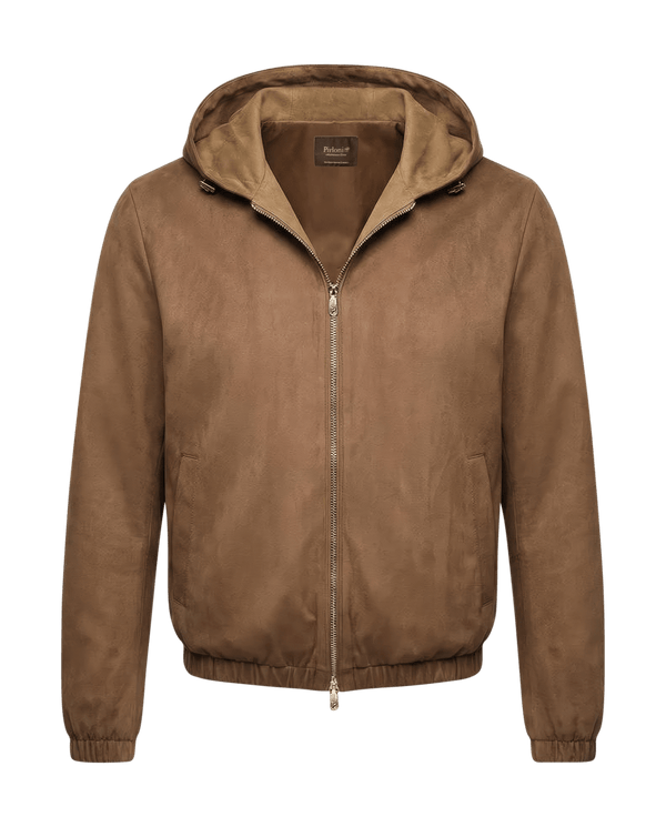 Brown suede jacket with a hood on a black background