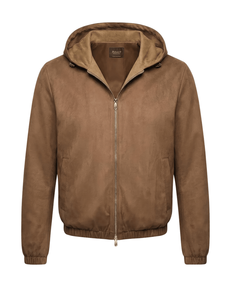 Brown suede jacket with a hood on a black background