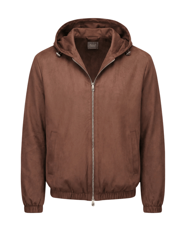 Brown jacket with a hood on a black background