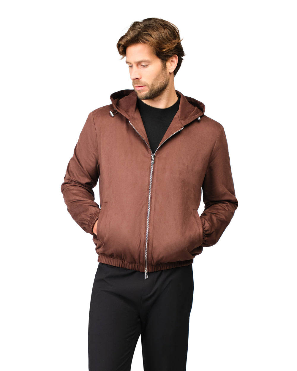 Man wearing a brown jacket on a white background