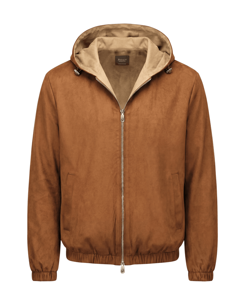Brown jacket with beige hood on a black background