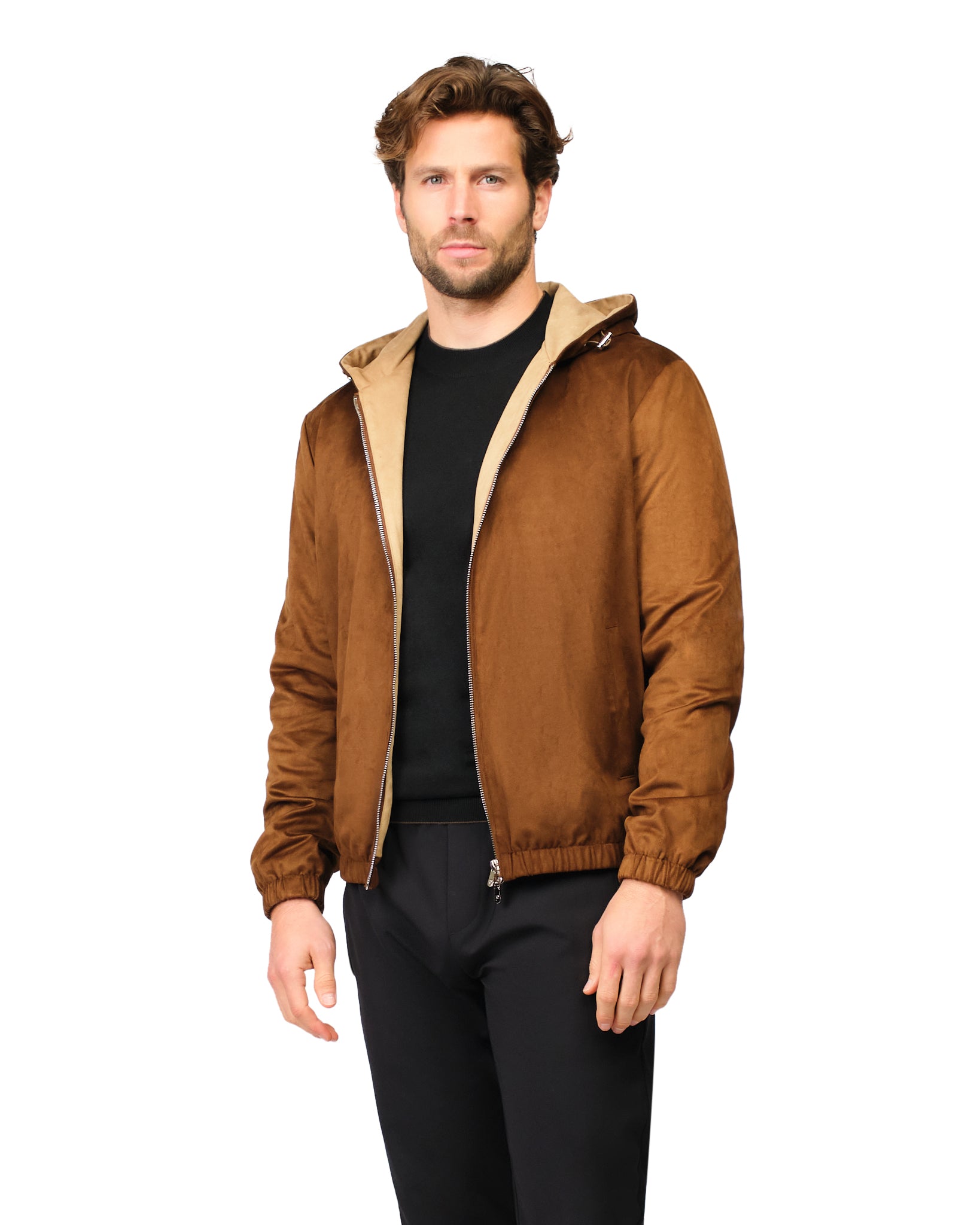 Man wearing a brown jacket with a white background