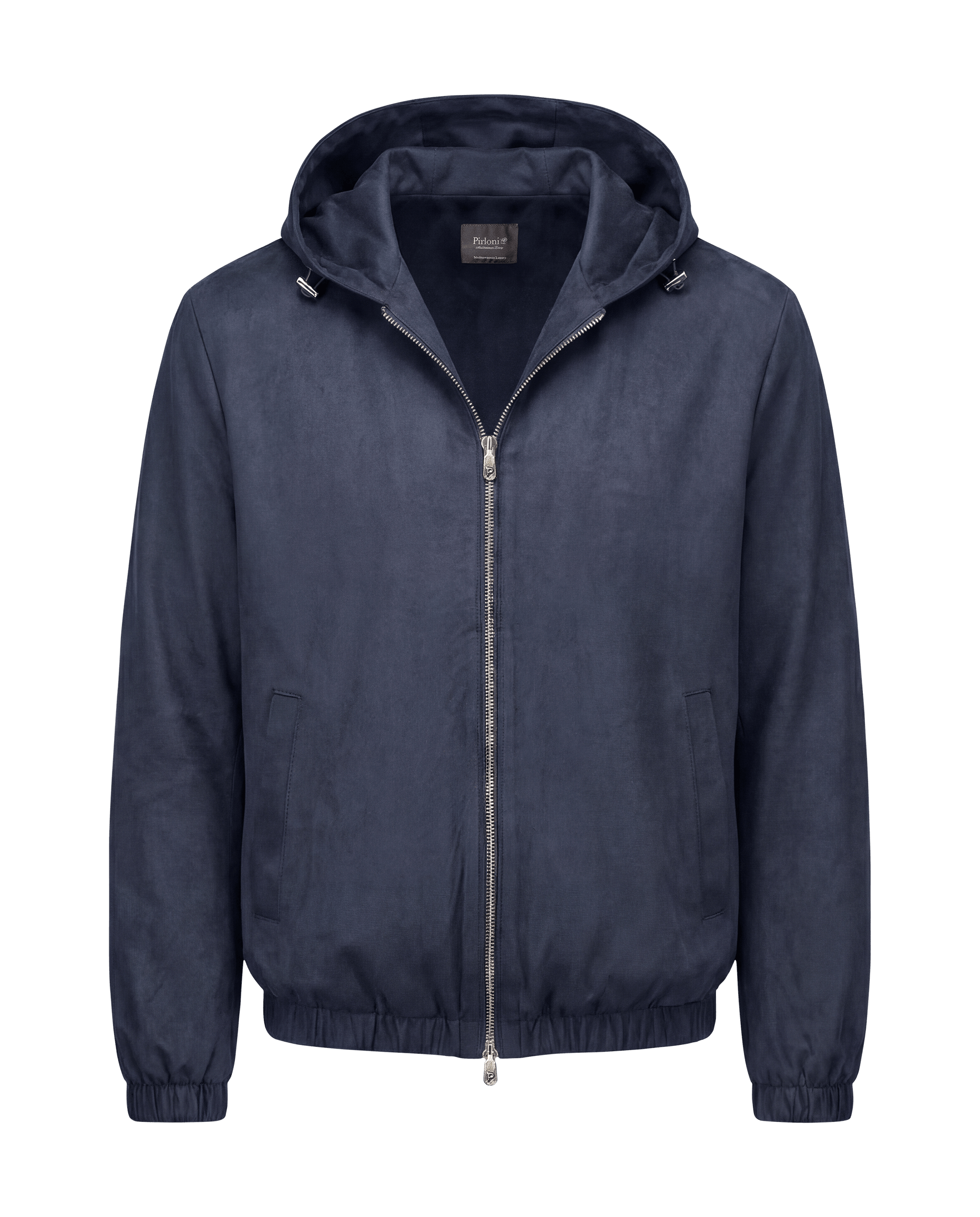 Navy blue jacket with a hood on a black background