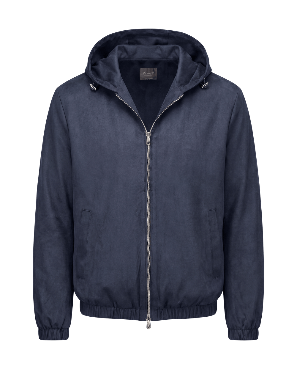 Navy blue jacket with a hood on a black background