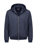 Navy blue jacket with a hood on a black background