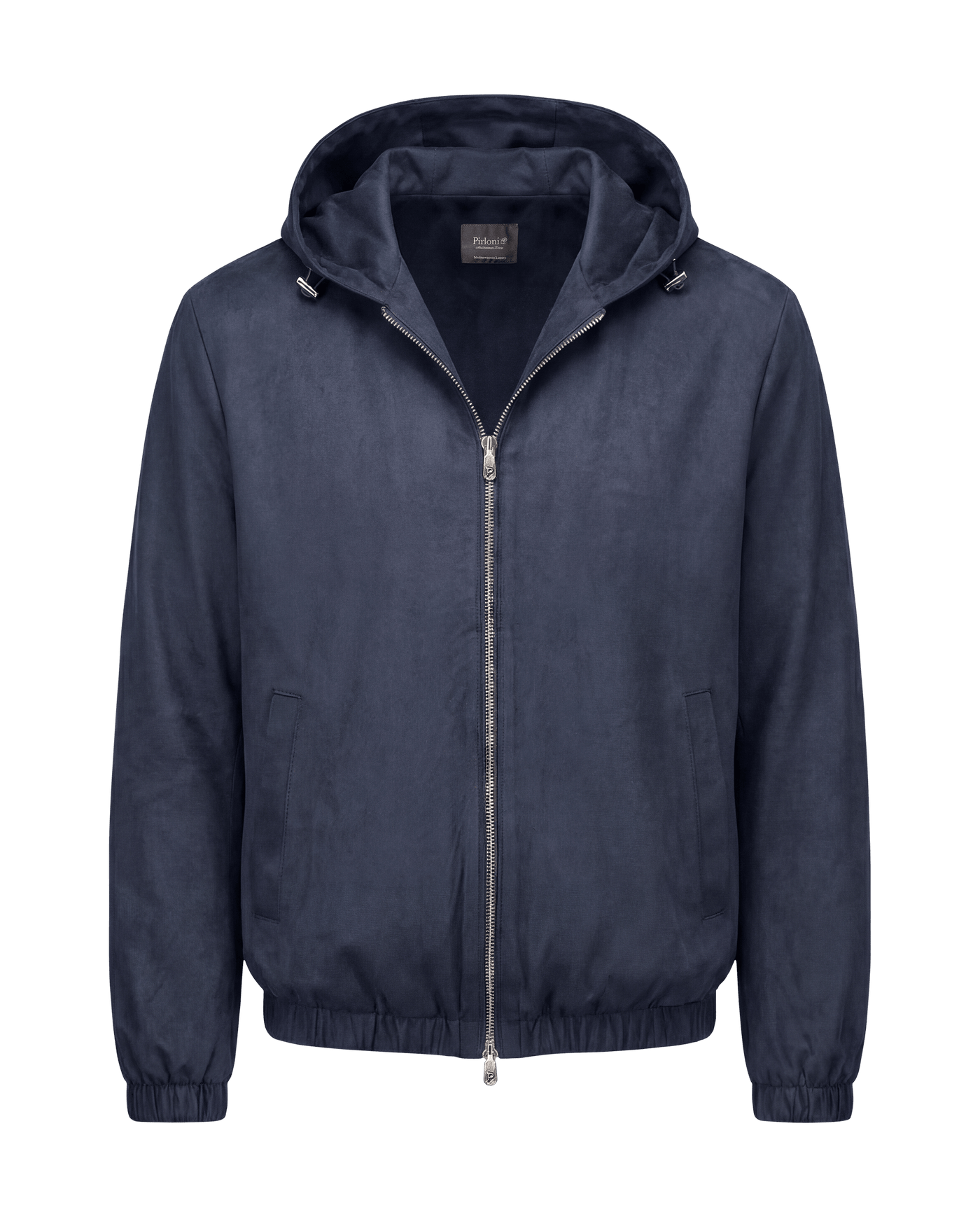 Navy blue jacket with a hood on a black background