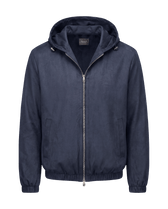 Navy blue jacket with a hood on a black background