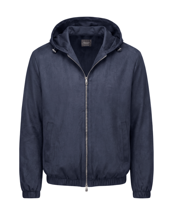 Navy blue jacket with a hood on a black background