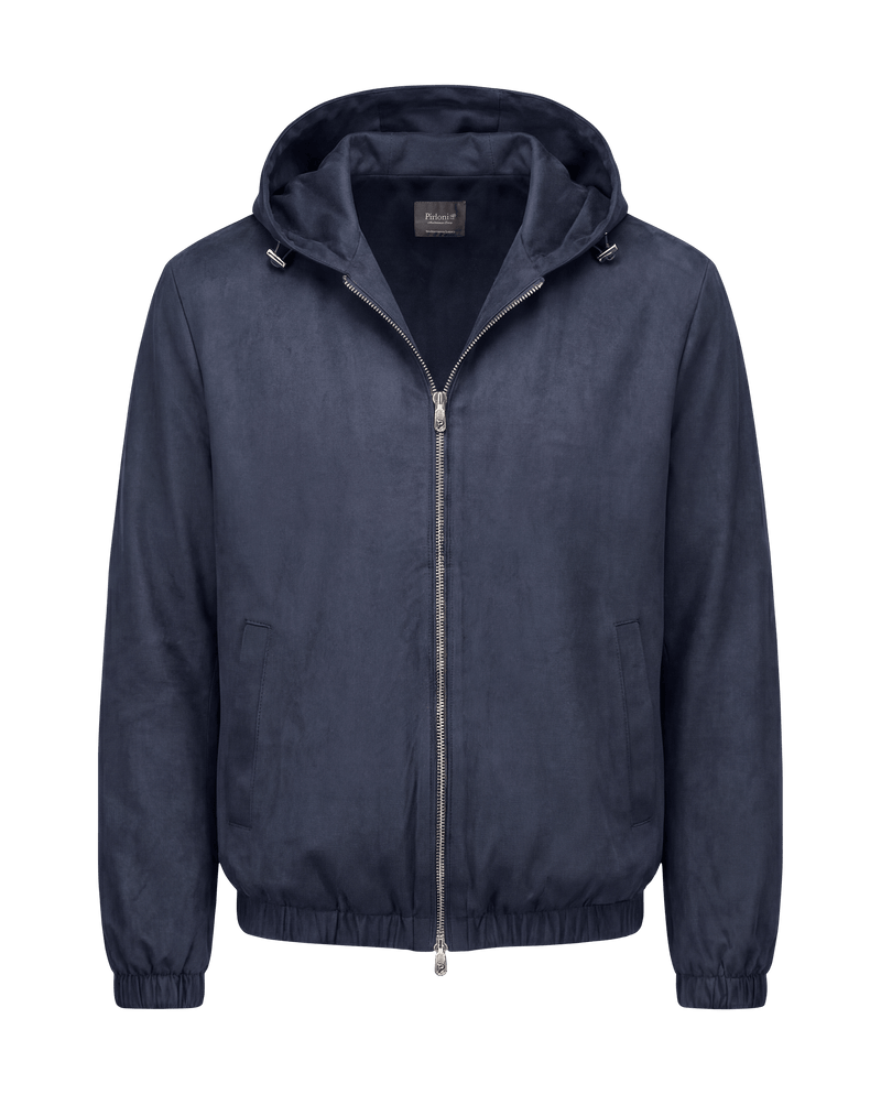 Navy blue jacket with a hood on a black background