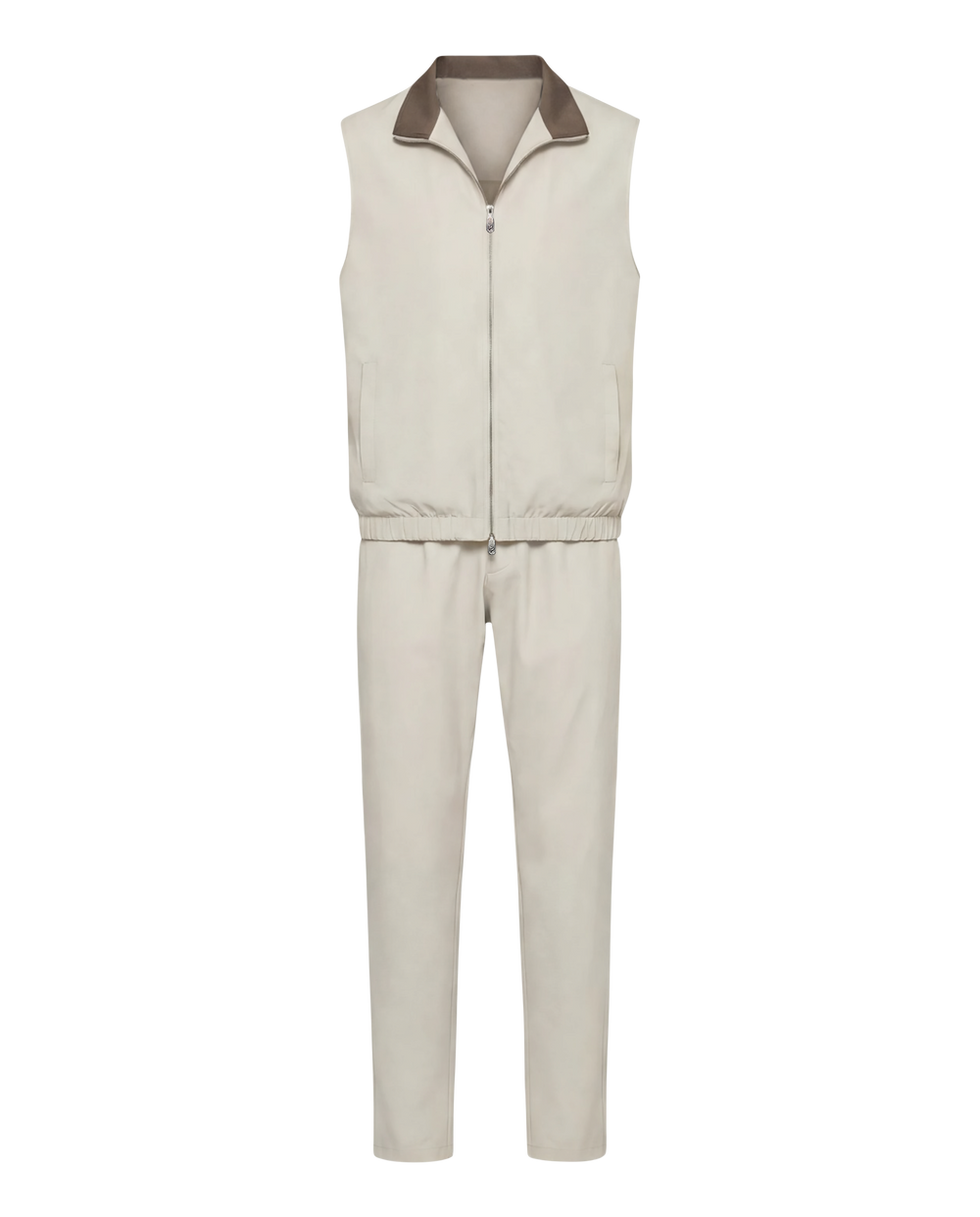 Beige sleeveless jacket and pants set on a white background