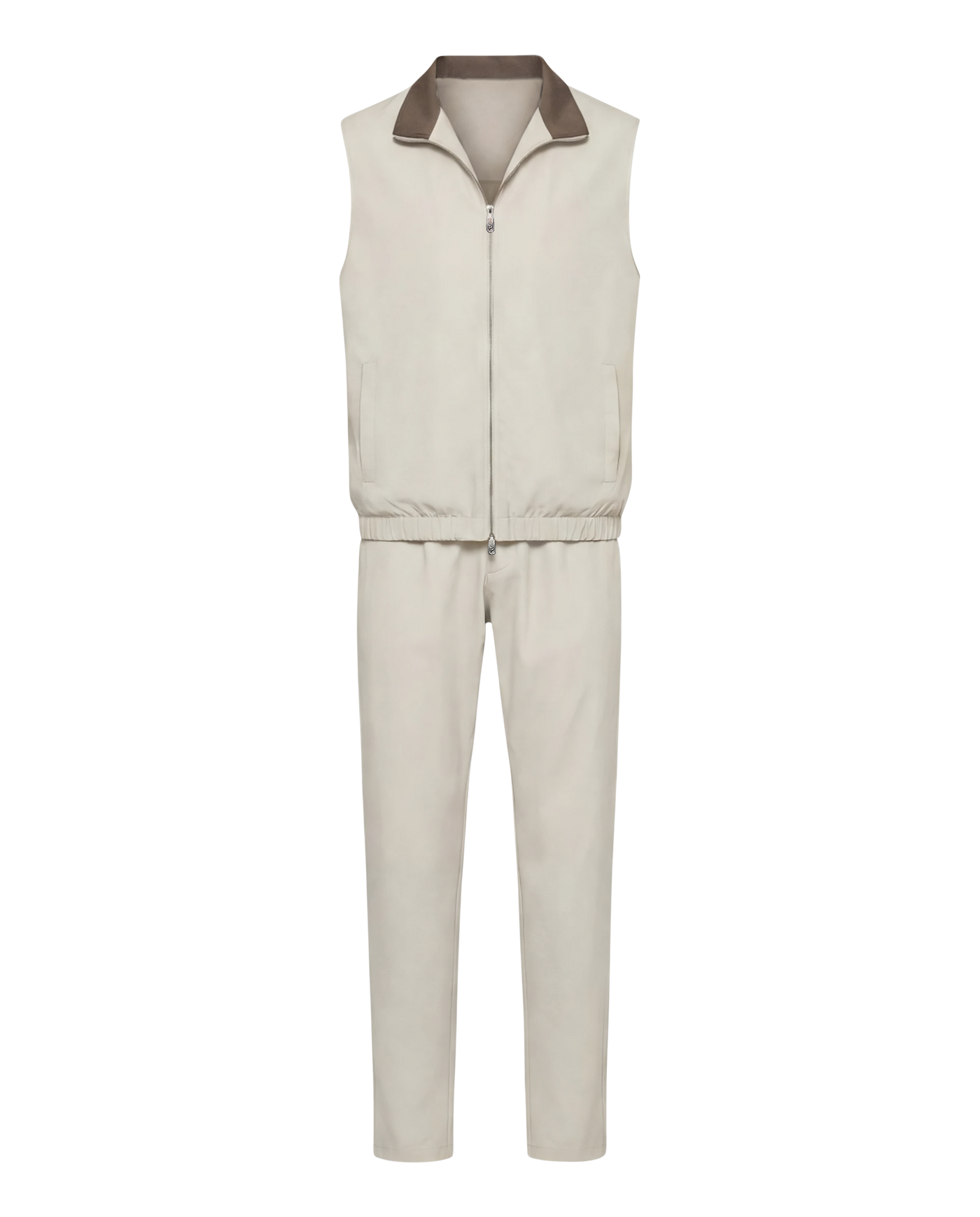 Beige sleeveless jacket and pants set on a white background
