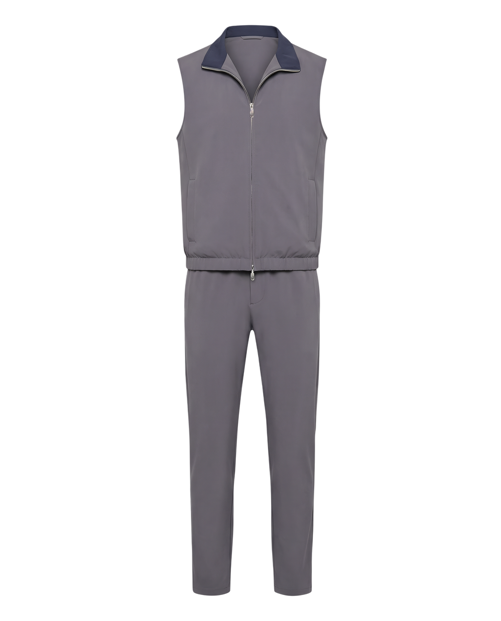 Gray sleeveless jacket and pants set on a white background