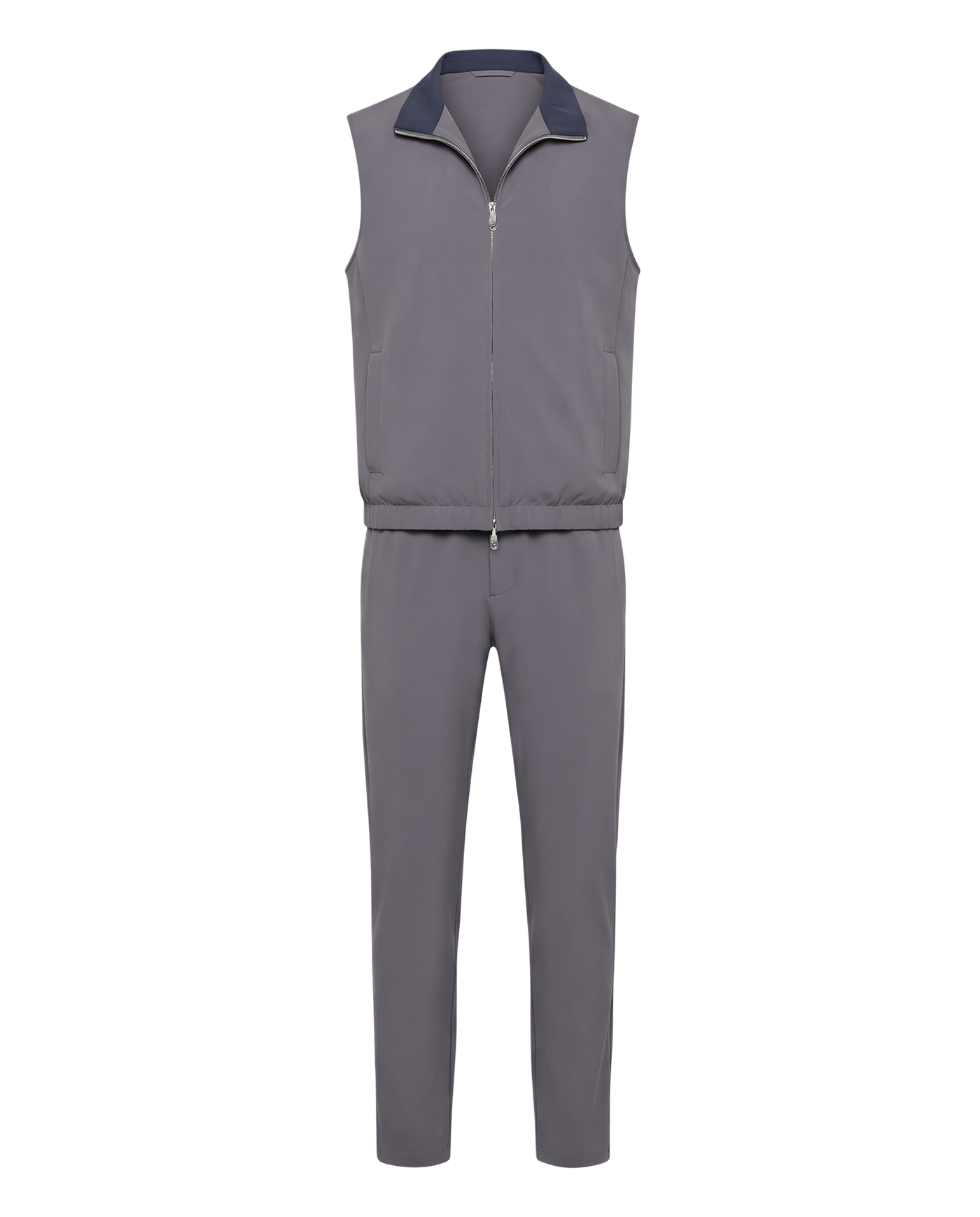 Gray sleeveless jacket and pants set on a white background