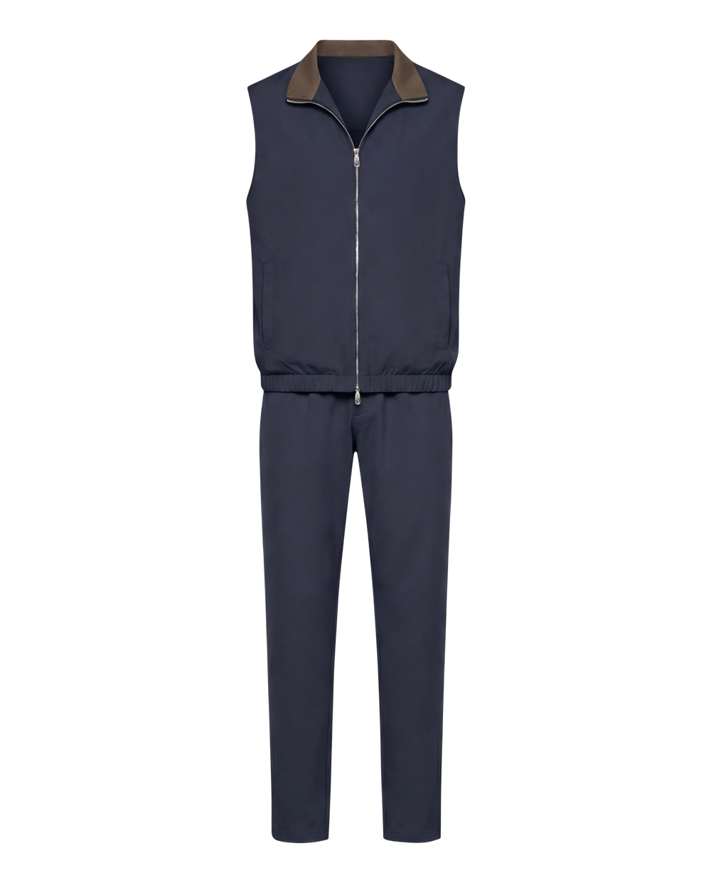 Navy blue sleeveless jacket and pants set on a white background
