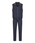 Navy blue sleeveless jacket and pants set on a white background