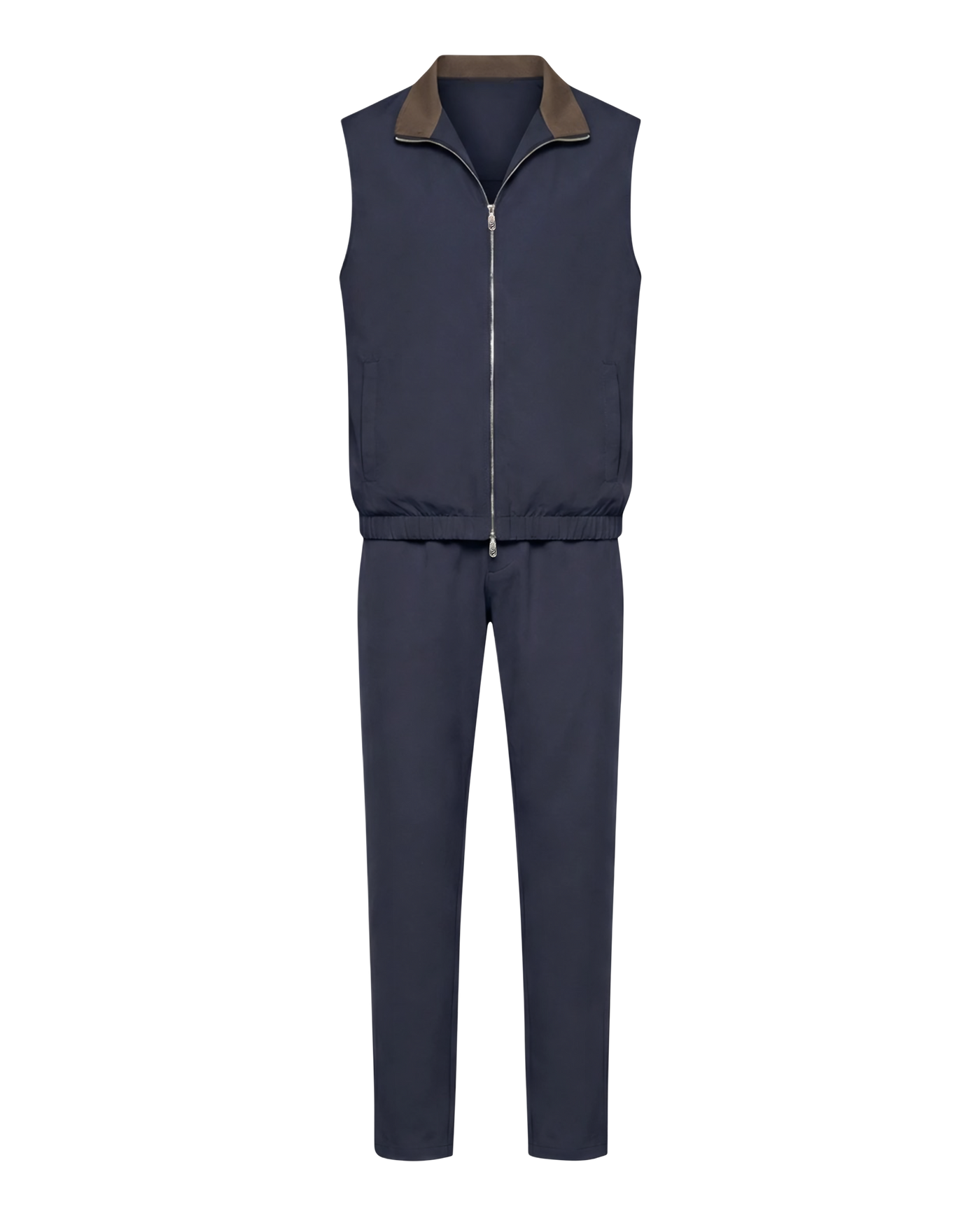 Navy blue sleeveless jacket and pants set on a white background