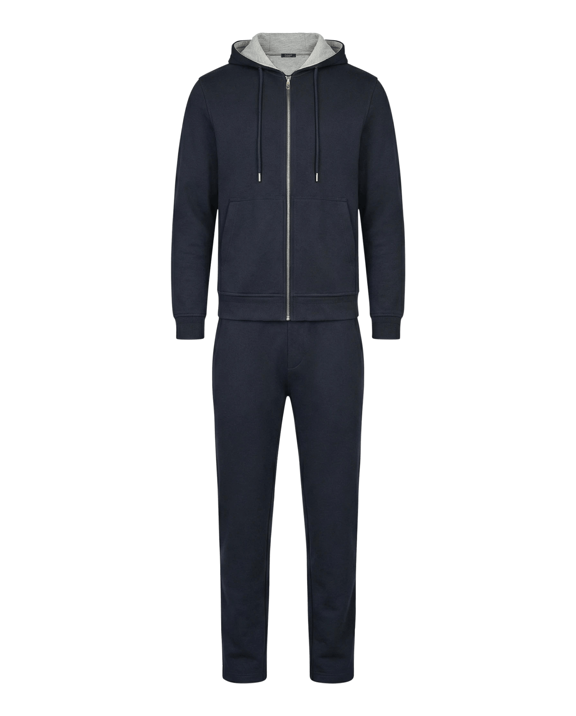 Navy tracksuit with a white hood on a black background