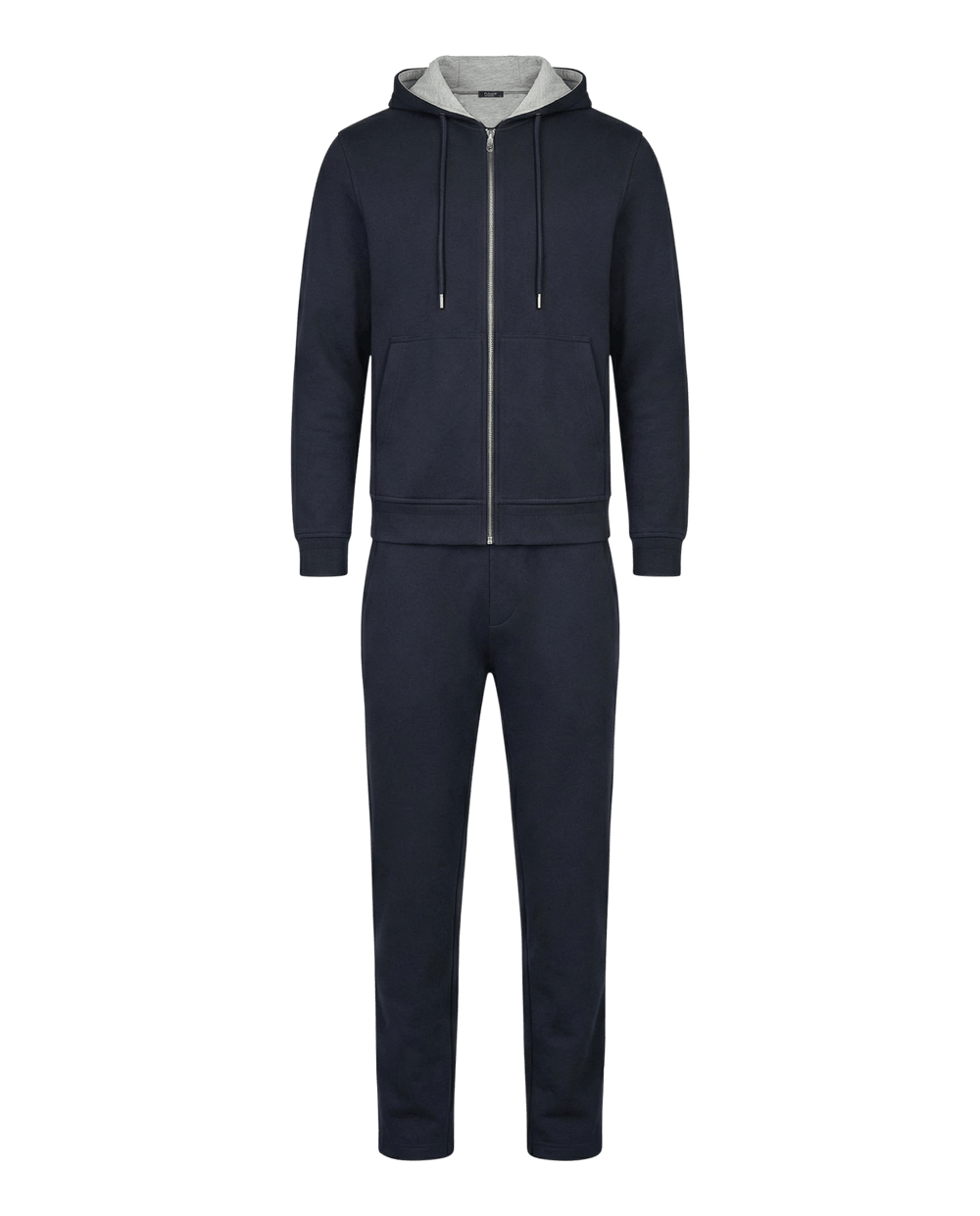 Navy tracksuit with a white hood on a black background