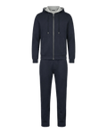 Navy tracksuit with a white hood on a black background