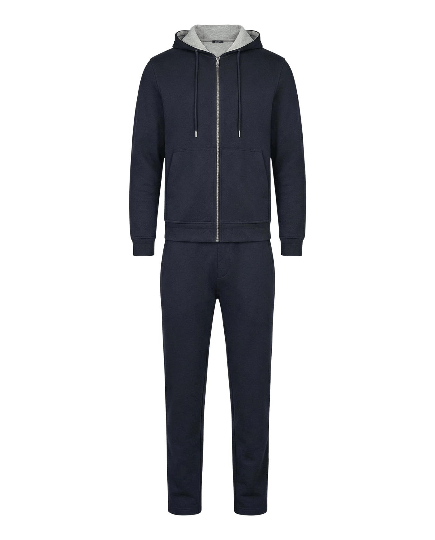 Navy tracksuit with a white hood on a black background