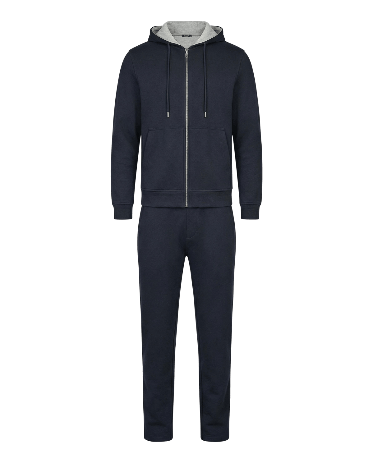 Navy tracksuit with a white hood on a black background