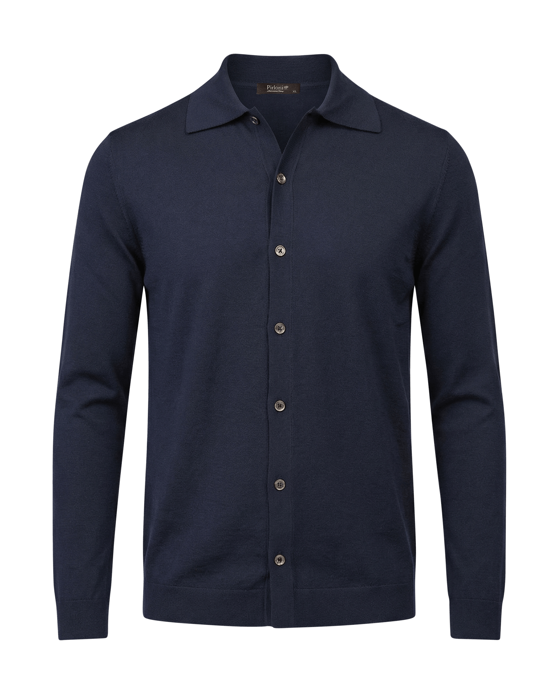 Navy blue button-up shirt on a black background