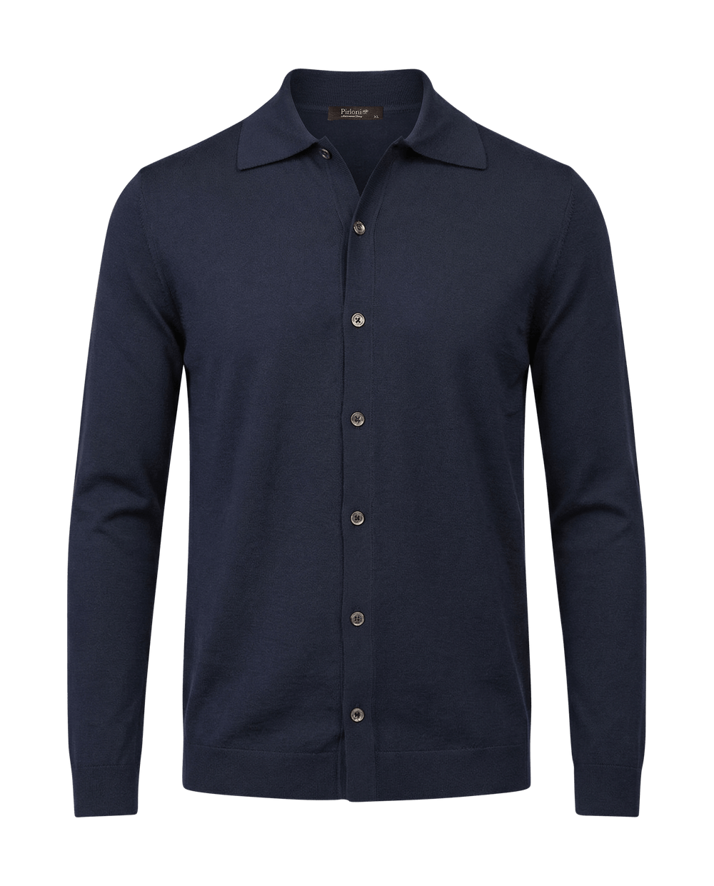 Navy blue button-up shirt on a black background