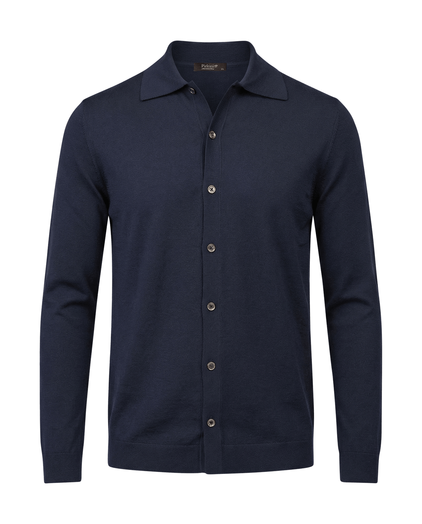Navy blue button-up shirt on a black background