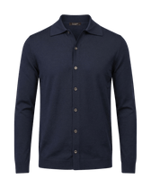 Navy blue button-up shirt on a black background