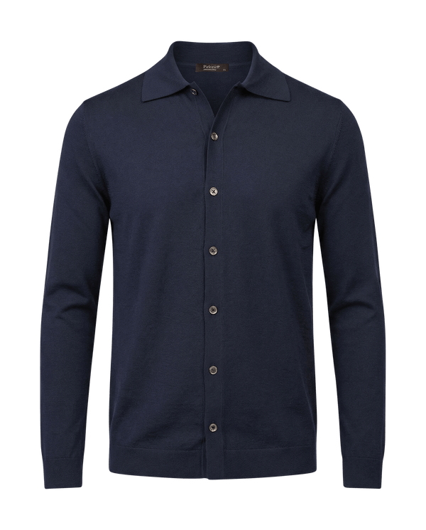 Navy blue button-up shirt on a black background