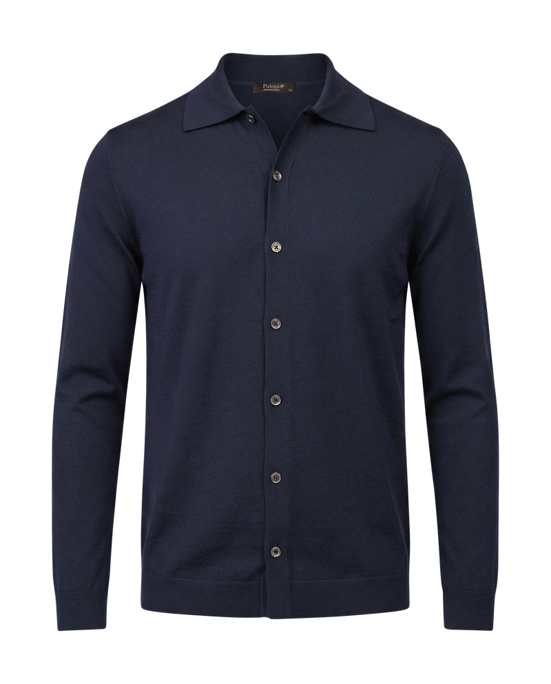 Navy blue button-up shirt on a black background