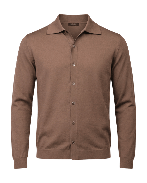 Brown button-up shirt on a black background