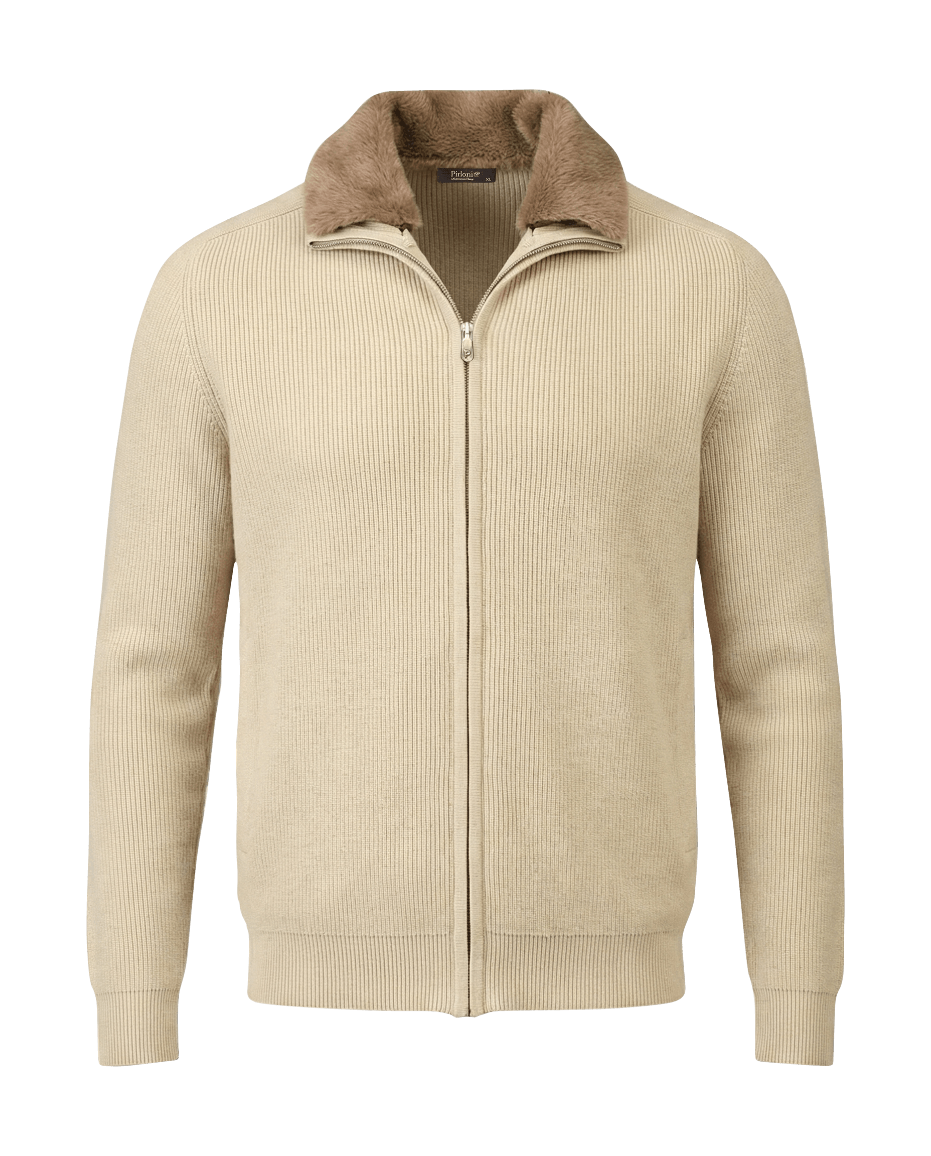 Beige zip-up sweater with brown collar on a black background