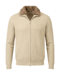 Beige zip-up sweater with brown collar on a black background