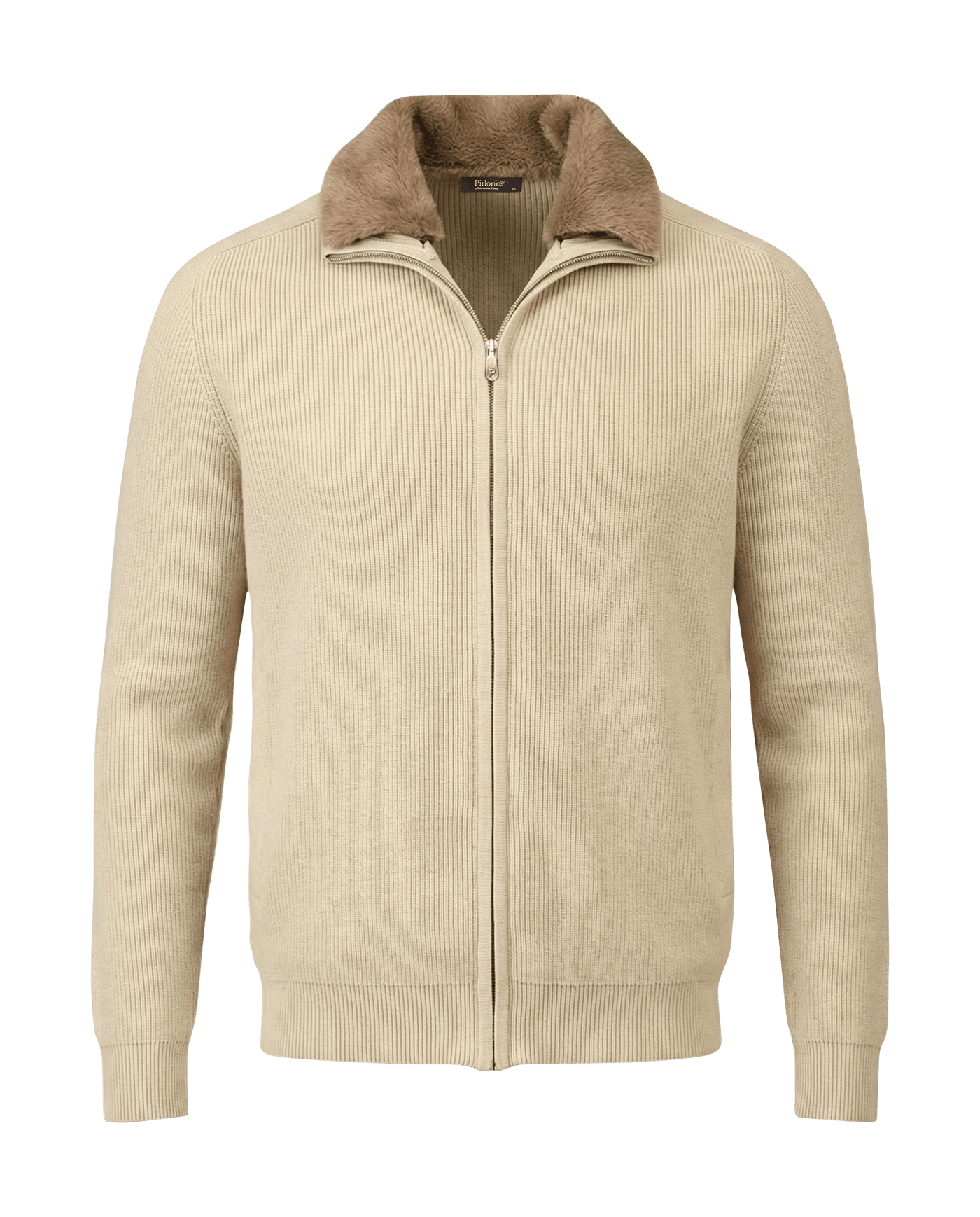 Beige zip-up sweater with brown collar on a black background